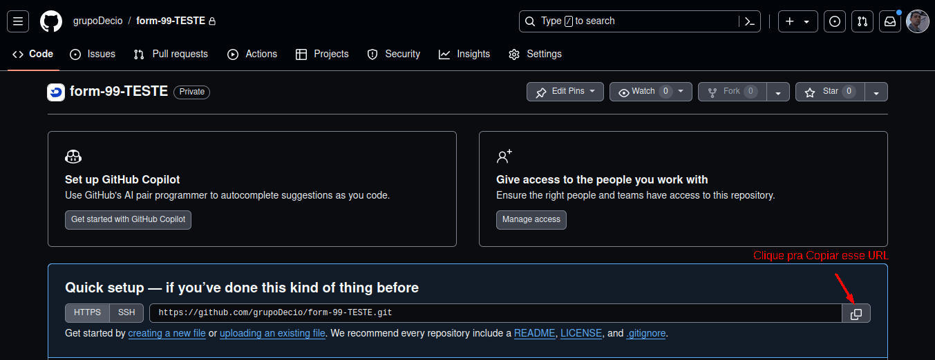 Imagem contendo Botão de Copiar a URL do Repositório