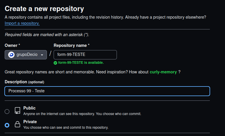 Imagem contendo a inserção do nome e descrição do novo repositório no GitHub