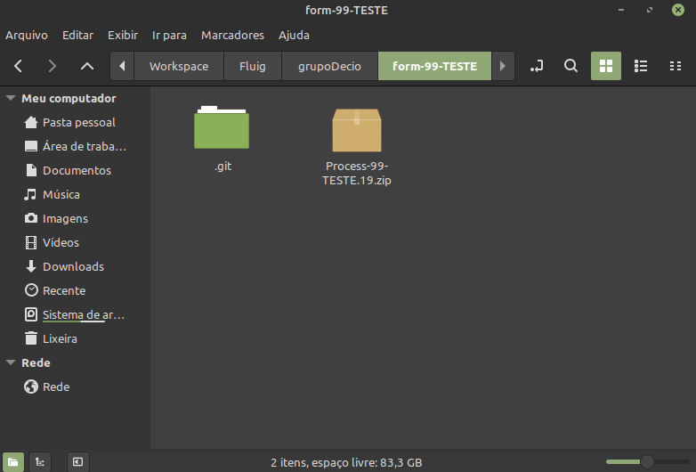 Imagem contendo a pasta form-99-TESTE com o ZIP dentro da mesma