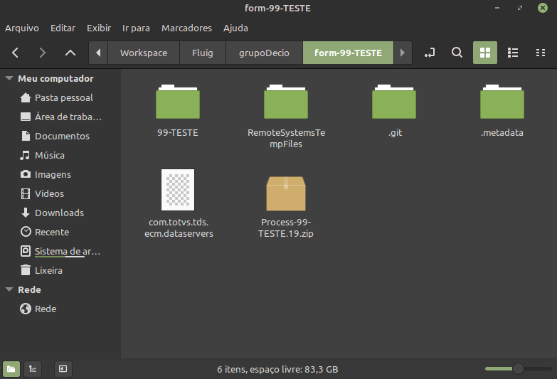 Imagem contendo a pasta do repositório Git do Processo 99-TESTE com os arquivos
